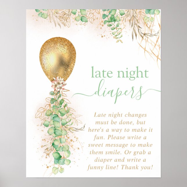 Baby Shower Eucalyptus Balloon Late Night Diapers Poster (Front)