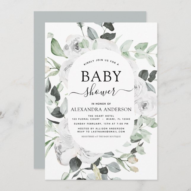 Baby Shower Eucalyptus Floral White Roses Greenery Invitation (Front/Back)