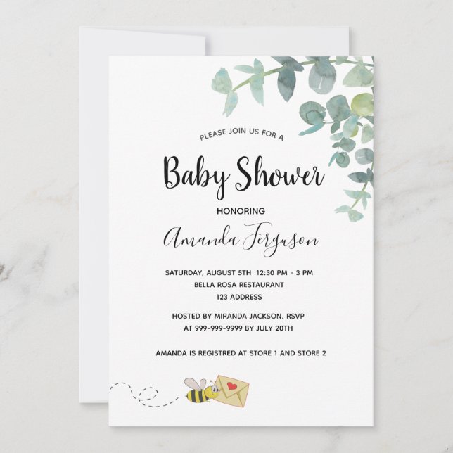 Baby Shower eucalyptus greenery cute bee Invitation (Front)