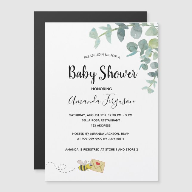 Baby Shower eucalyptus greenery cute bee Magnetic Invitation (Front/Back)