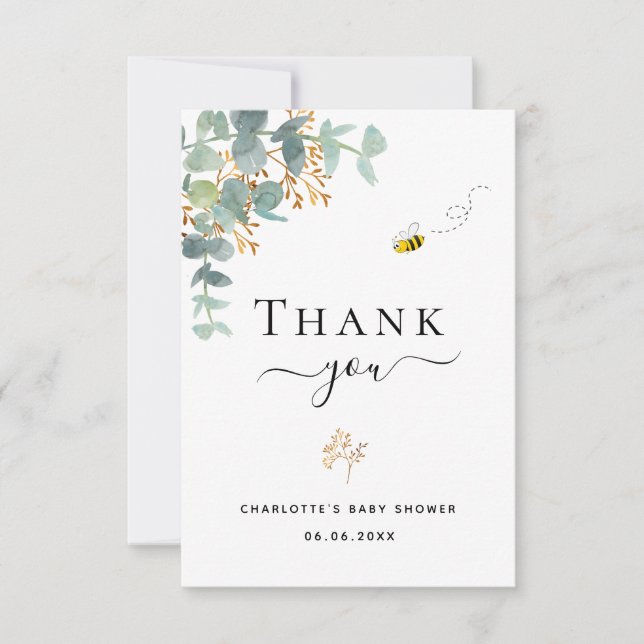 Baby Shower eucalyptus greenery elegant cute bee Thank You Card (Front)