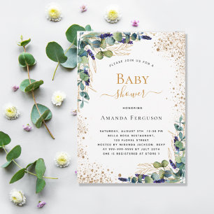 Baby Shower eucalyptus greenery gold glitter Invitation Postcard