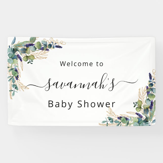 Baby Shower eucalyptus greenery gold monogram  Banner (Horizontal)