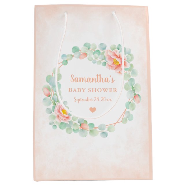 Baby Shower Eucalyptus Leaves Floral Wreath Peach Medium Gift Bag (Front)