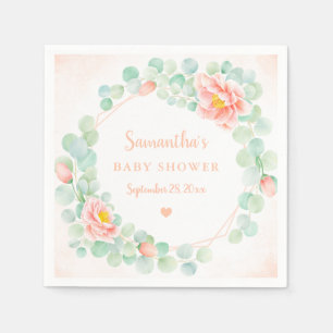 Baby Shower Eucalyptus Leaves Floral Wreath Peach Napkin