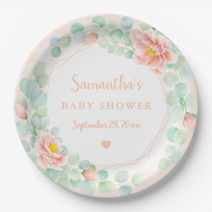 Baby Shower Eucalyptus Leaves Floral Wreath Peach Paper Plate