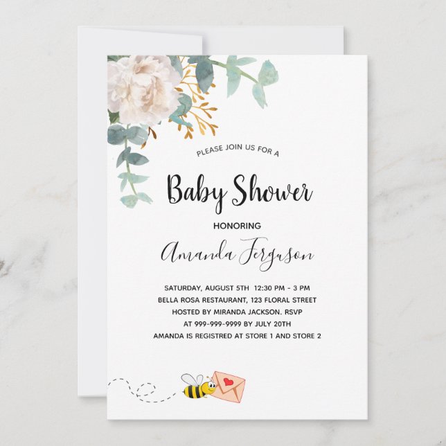 Baby Shower eucalyptus white floral mum to bee Invitation (Front)