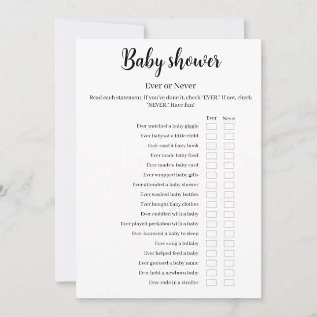 Baby Shower Ever or Never Game, Printable Invitation (Front)