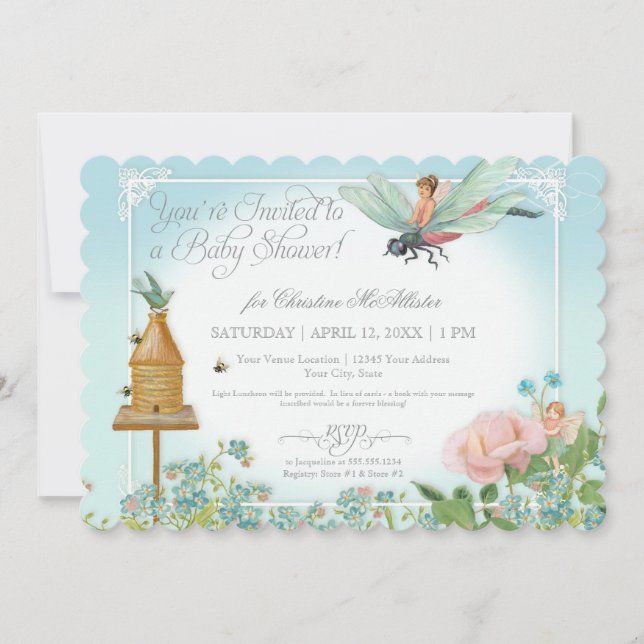 Baby Shower Fairy Garden Bees Dragonfly Rose Art Invitation (Front)