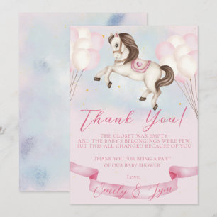 Baby Shower Fairytale Pony Stars Pink Balloons Thank You Card