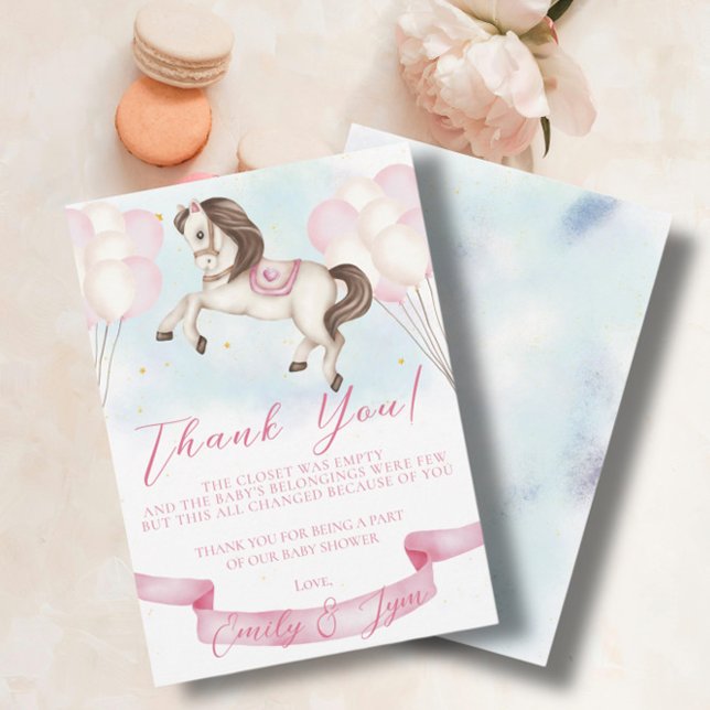Baby Shower Fairytale Pony Stars Pink Balloons Thank You Card (Creator Uploaded)