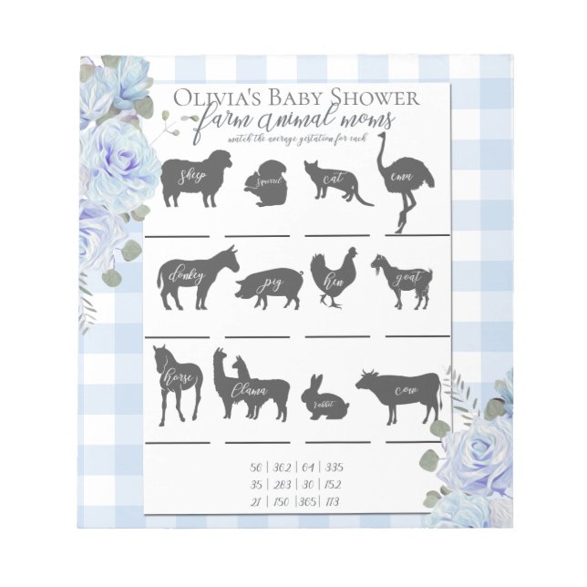 Baby Shower Farm Animal Games Blue Roses Gingham Notepad (Front)