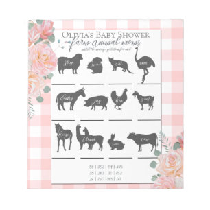 Baby Shower Farm Animal Games Coral Roses Gingham Notepad