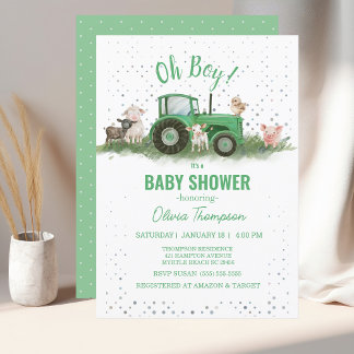 Baby Shower Farm Animals Green Tractor Boy Invitation