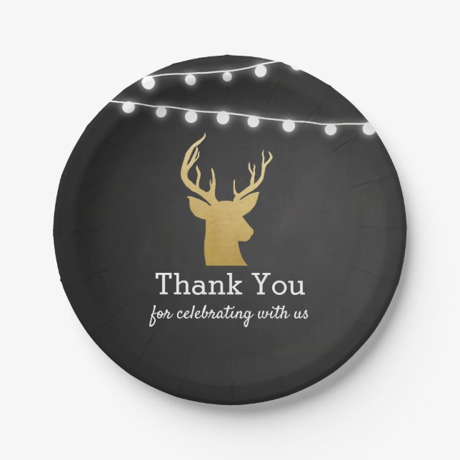 Baby Shower | Faux Gold Foil Antler | Thank You Paper Plate (Front)