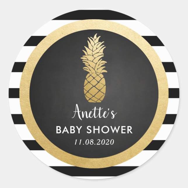 Baby Shower | Faux Gold Foil Pineapple | Stripes Classic Round Sticker (Front)