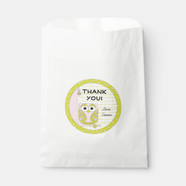 Baby Shower Favour Bag, Owl in a Tree, Pink, Green Bags (Front)