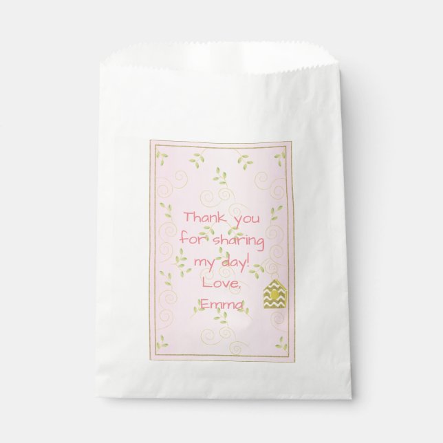 Baby Shower Favour Bag, PINK "Golden Birds" Bags (Front)