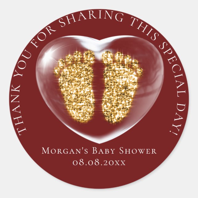 Baby Shower Favour Bubble Hearts Feet Burgundy Gol Classic Round Sticker (Front)