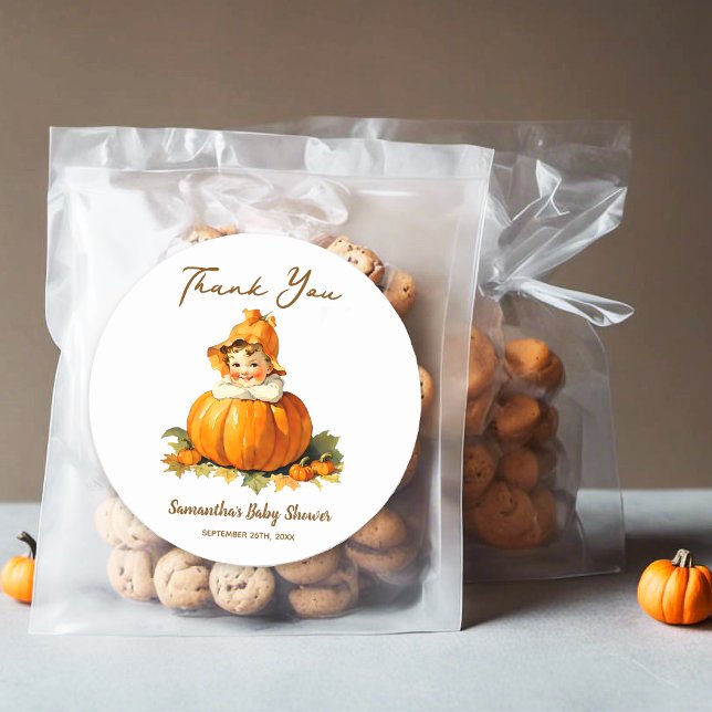 Baby Shower Favour Thank you Little Pumpkin Girly Classic Round Sticker (Creator Uploaded)