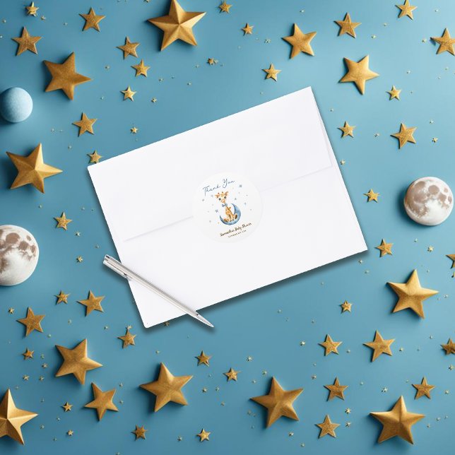 Baby Shower Favour Thanks Blue Boy Animal Giraffe Classic Round Sticker (Creator Uploaded)
