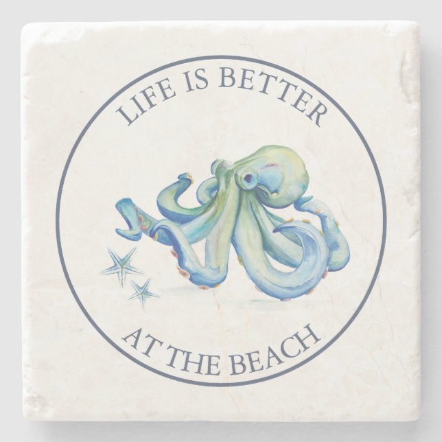 Baby Shower Favours Beachy Blue Octopus Stone Coaster (Front)
