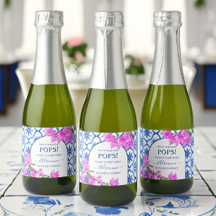 Baby shower favours blue tiles bougainvilleas sparkling wine label