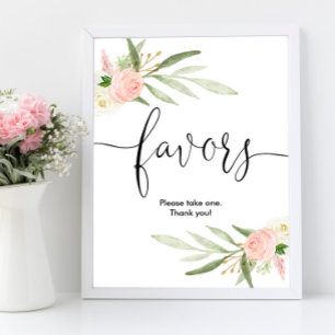 Baby shower favours sign pink greenery gold elegan