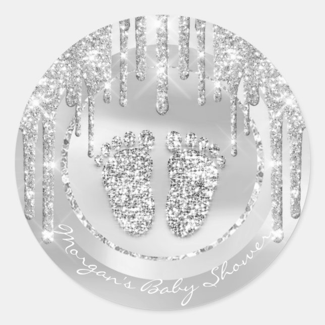 Baby Shower Feet Boy Girl Name Drips Grey Glitter Classic Round Sticker (Front)