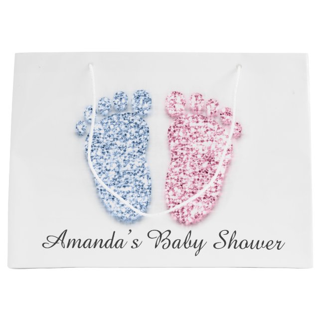 Baby Shower Feet Boy Girl Name Pink Blue Gender  Large Gift Bag (Front)