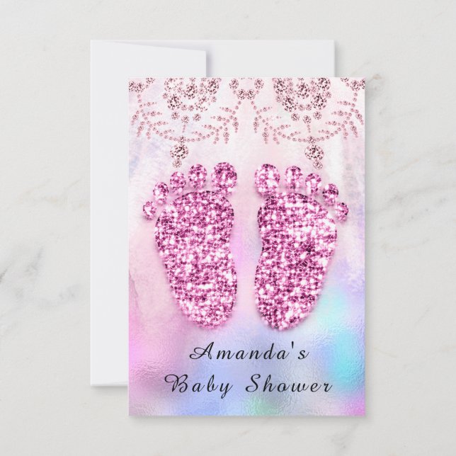 Baby Shower Feet Girl Royal Pink Glitter Floral Invitation (Back)