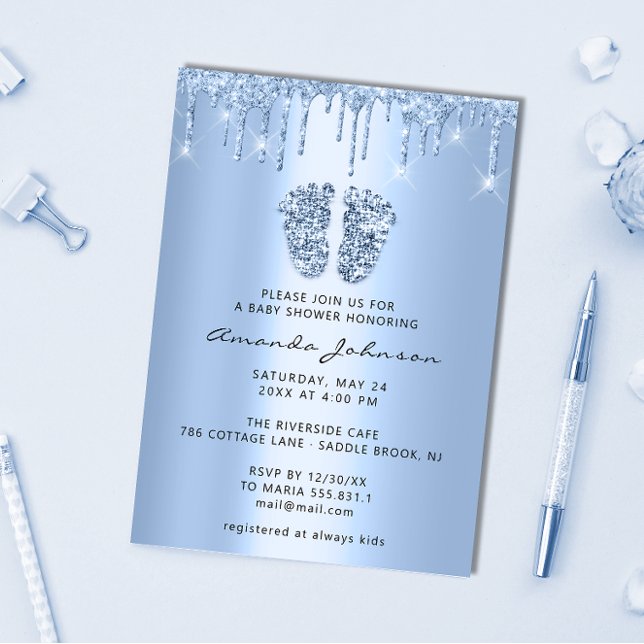 Baby Shower Feet Glitter Baby Blue Drips Boy Spark Invitation (Creator Uploaded)