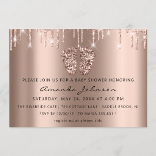 Baby Shower Feet Glitter Rose Gold Drips Boy Girl Invitation