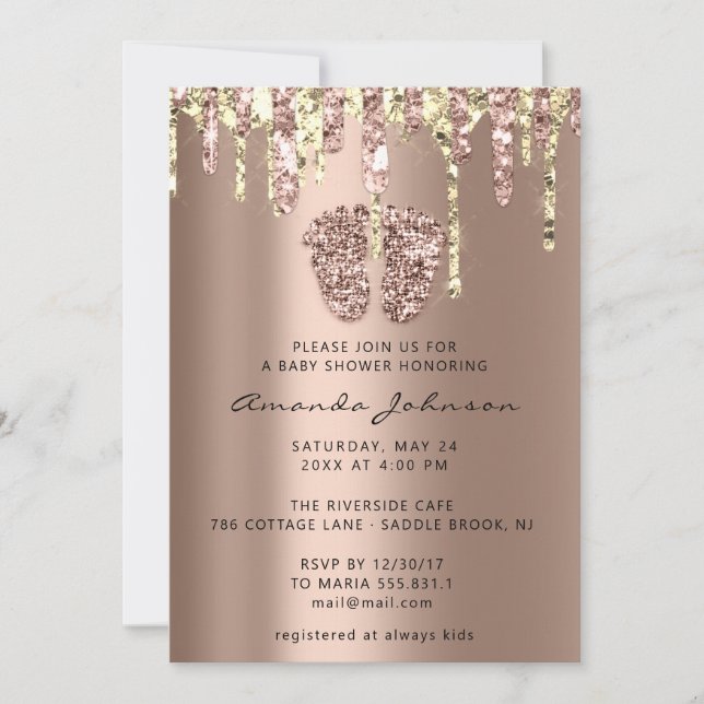 Baby Shower Feet Glitter Rose Gold Drips Boy Girl  Invitation (Front)