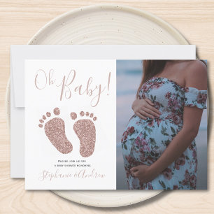 Baby Shower Feet Glitter Rose Gold Girl Photo Invitation