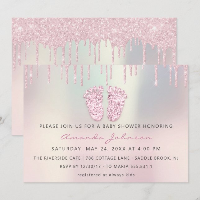 Baby Shower Feet Glitter Rose Pink Drips  Boy Girl Invitation (Front/Back)