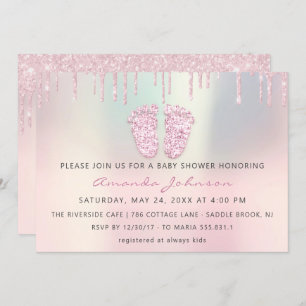 Baby Shower Feet Glitter Rose Pink Drips  Boy Girl Invitation