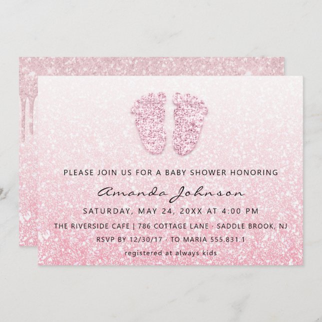 Baby Shower Feet Glitter Rose Pink Drips OmbreGirl Invitation (Front/Back)