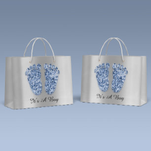 Baby Shower Feet It’s A Boy Blue Navy Silver Large Gift Bag