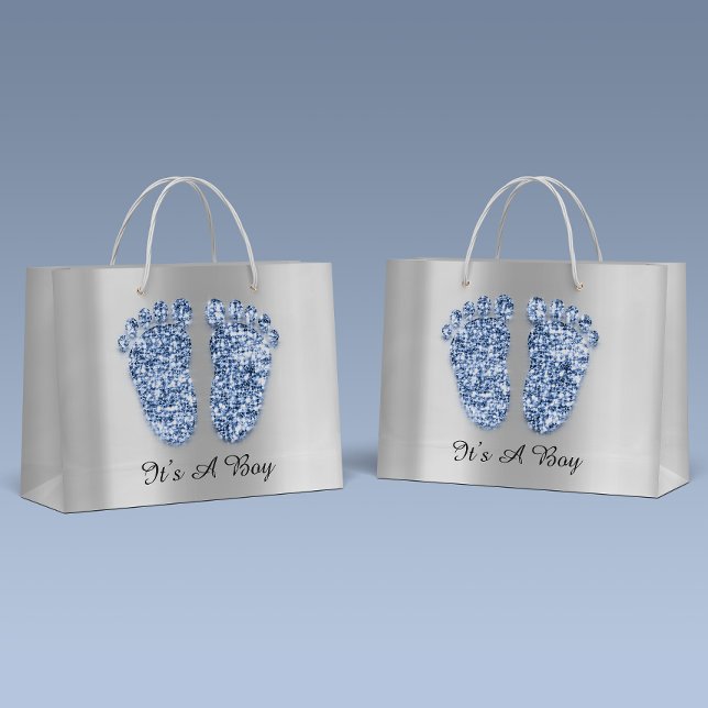 Baby Shower Feet It’s A Boy Blue Navy Silver Large Gift Bag (Creator Uploaded)
