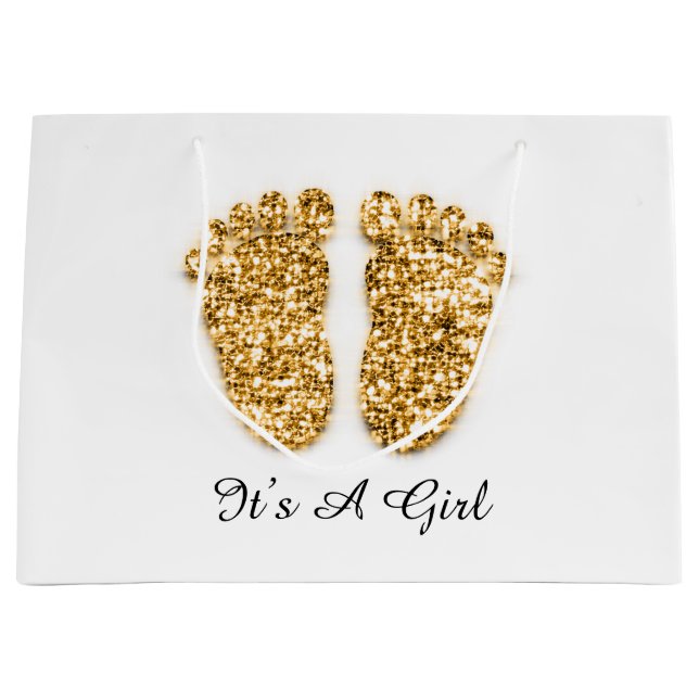 Baby Shower Feet It’s A Boy Girl Gold White Large Gift Bag (Front)