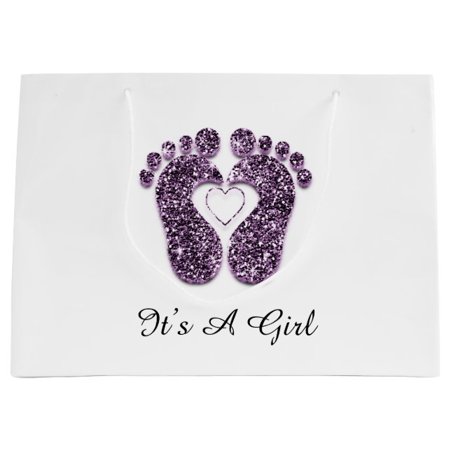 Baby Shower Feet It’s A Boy Girl Viole Heart White Large Gift Bag (Front)