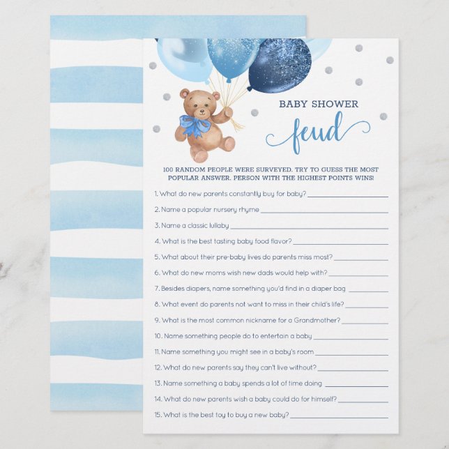 Baby Shower Feud Game Blue And Silver Teddy Bear  (Front/Back)