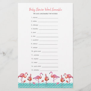 Baby Shower Flamingo Word Scramble Flyer Stationery