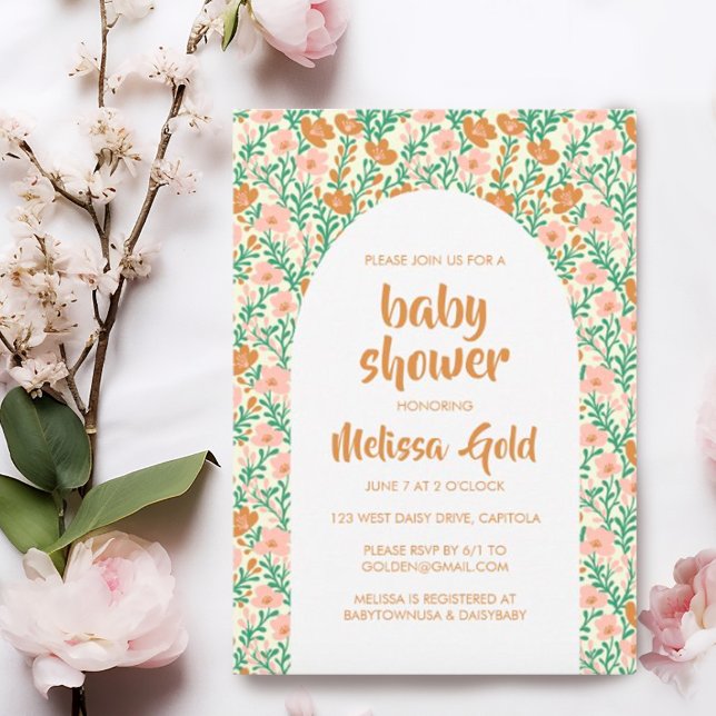 BABY SHOWER Floral Arch Pink Flower Pattern CUSTOM Invitation (Sweet floral baby shower custom invitation with an arch shape. Add your own text, change fonts)