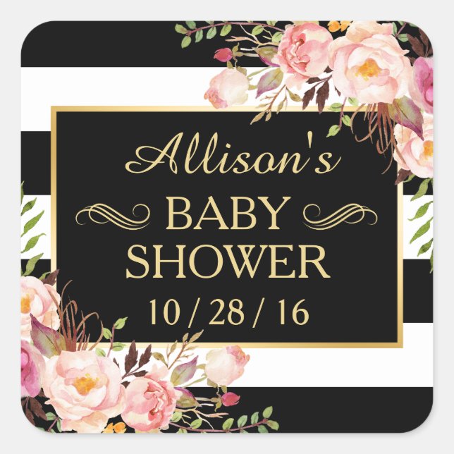 Baby Shower Floral Black White Striped Gold Frame Square Sticker (Front)
