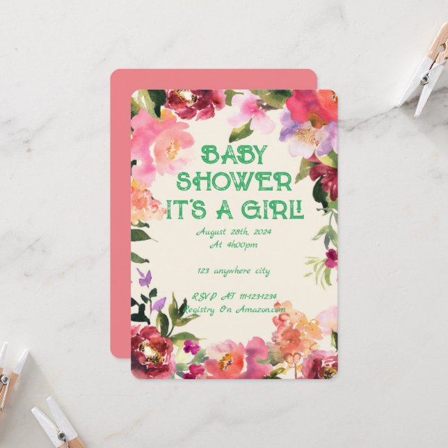 BABY SHOWER FLORAL BLUSH INVITATION (Front/Back In Situ)