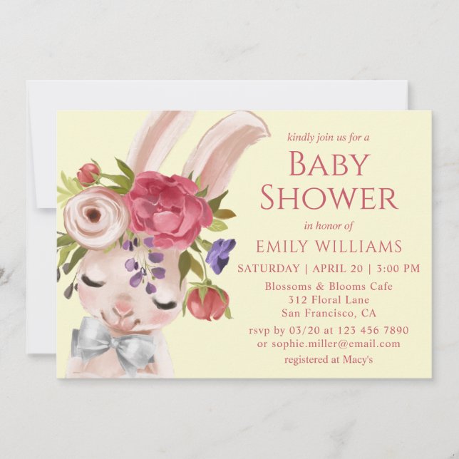 Baby Shower Floral Bunny Rabbit Cute Modern Invitation (Front)