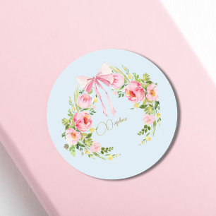 Baby Shower Floral Crest Regency Bow Pink Blue  Classic Round Sticker