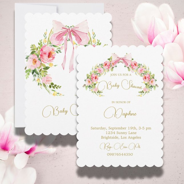 Baby Shower Floral Crest Regency Bow Pink Invitation (Creator Uploaded)